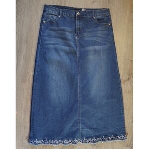 Boho Denim Maxi‎ Embroidered Raw Hem Skirt Sz XL Blue Casual Fashion2Love *Read*